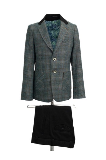 Micio Boy's Green Plaid Button Bag Pocket Jacket Black Pants Suit