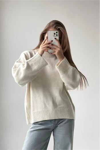 K-ODEA BUTİK Γυναικείο πλεκτό πουλόβερ CREAM Oversize - Crew Neck με απαλή υφή