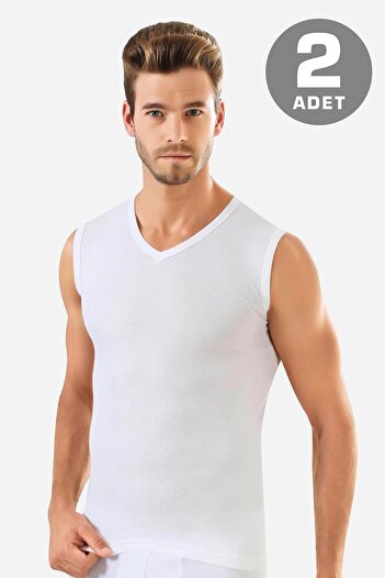 Arma Yıldız Men's White Cotton T-Shirt Zero Sleeve V Neck Sleeveless Undershirt 2 Pack