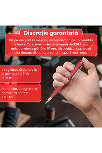 Spionescu Pen with hidden microphone, 10 hours battery life, MP3 Player, 32GB, red - D3191