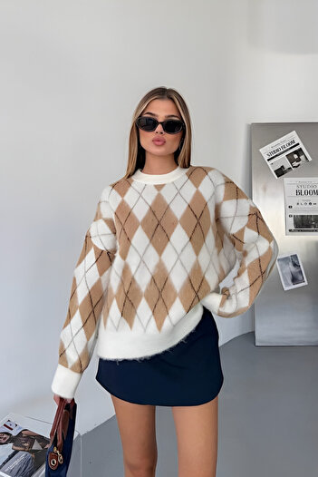 İLKCET MODA Diamond Patterned Oversize Women's Sweater