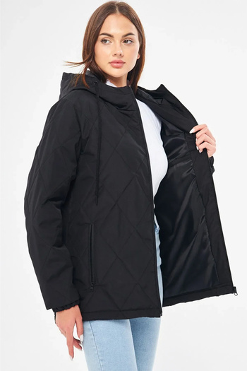QAWWA Diamond Patterned Black Ultra Light Women's Seasonal Coat - Hooded