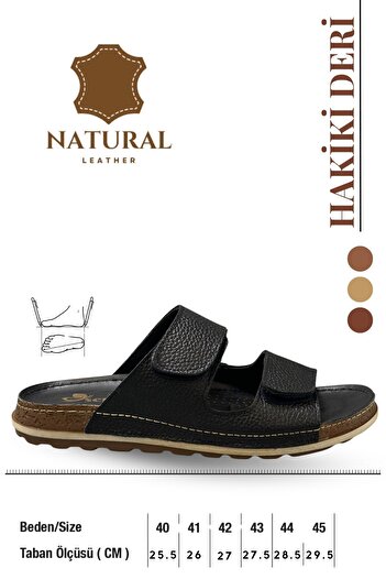 Moda Anna Double Velcro Genuine Leather Men's Slippers Natural Leather Slippers C Black