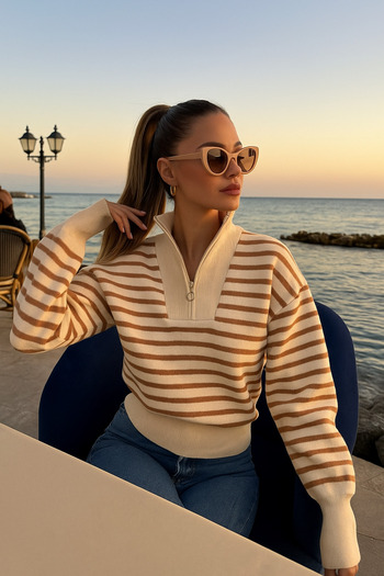DAMGA Collection Tricotaj pentru femei Pulover cu dungi cu jumătate de fermoar Confortabil și elegant