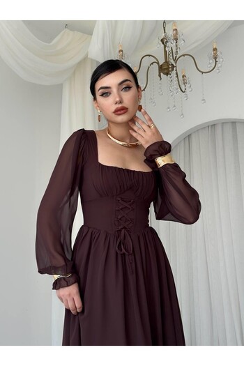 Julidress Кафе корсет-връзка Детайлна набрана подплатена рокля от висококачествен шифон