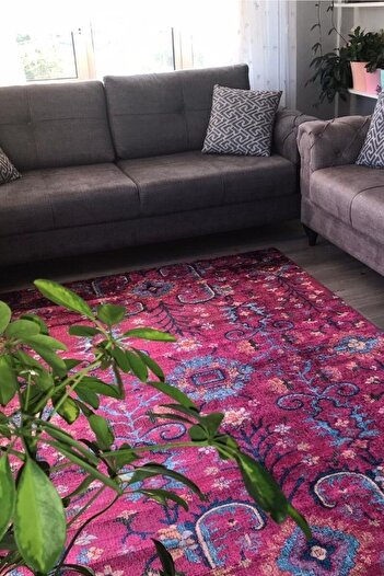 VOPTEKS Fuşya Halı Otantik Halı Vintage Halı Salon Halısı Makinede Yıkanabilir Yatak Odası Halısı