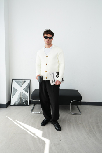 İLKCET MODA Men's Ecru Oversize Premium Knit Cardigan