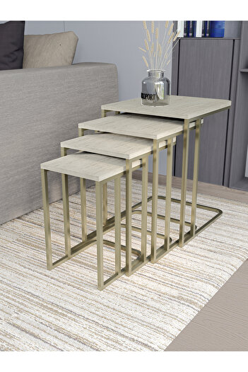 Dekoport Koltuk Altı Sehpası TEKERSİZ Zigon 4 lü Zigon Sehpa Takımı Mat Gold Metal - Traverten Tabla