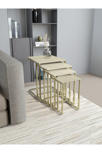 Dekoport Koltuk Altı Sehpası Tekerli Zigon 4 lü Zigon Sehpa Takımı Mat Gold Metal - Traverten Tabla