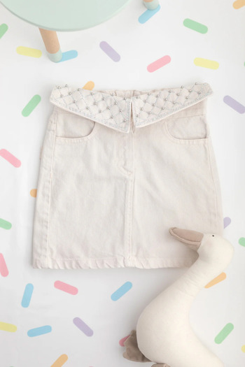 chipiques Waist Partially Folded Zircon Stone Embroidered White Girls Denim Skirt