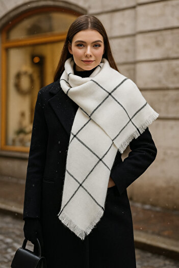 Luminos Butik Women's Ecru Square Patterned Scarf - Shawl 70x180 Cm Sal1210