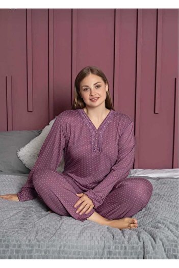 Eyfuze Women's Large Size Patterned Buttoned Collar Long Sleeve Bamboo Pajama Set