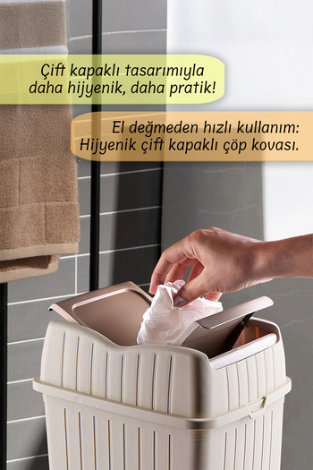 MYBOX 5 L - Çift Kapaklı Slim Çöp Kovası - Dekoratif Tezgah Üstü Ev Ofis Banyo & Mutfak Çöp Kutusu Krem