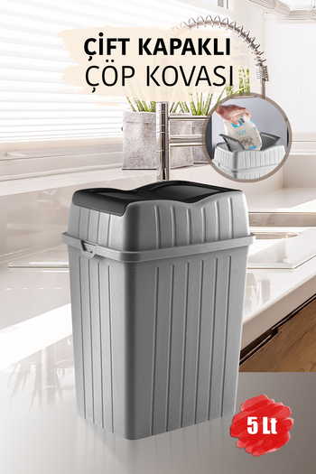 MYBOX 5 L - Double Lid Slim Trash Can - Decorative Countertop Home Office Bathroom & Kitchen Waste Bin Gray