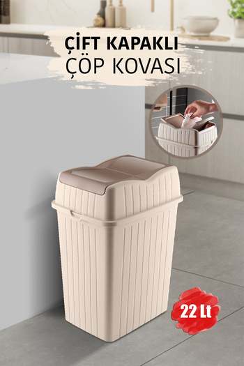 MYBOX 22 L - Double Lid Slim Trash Can - Decorative Home Office Bathroom & Kitchen Organizer Waste Bin Cream