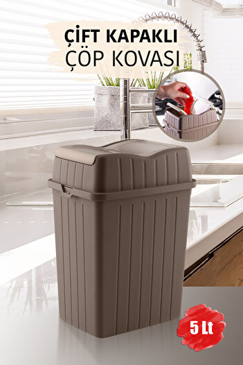 MYBOX 5 L - Double Lid Slim Trash Can - Decorative Countertop Home Office Bathroom & Kitchen Waste Bin Coffee