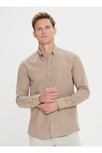 ALTINYILDIZ CLASSICS Altınyıldız Classics Slim Fit Düğmeli Yaka Vizon Erkek Gömlek 4A2021200056