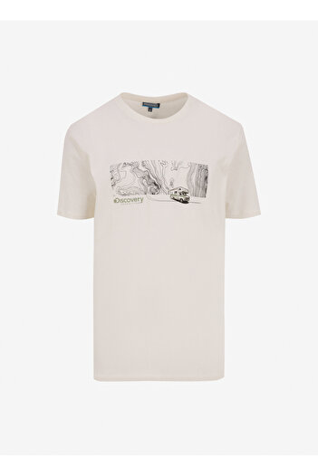Discovery Expedition D5SM-TST3750 Kırık Beyaz Bisiklet Yaka Relaxed Baskılı Erkek T-Shirt