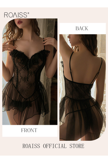 ROAISS Female Night Dress Lace Suspender Peplum Sleep Dress Bodysuit for Women