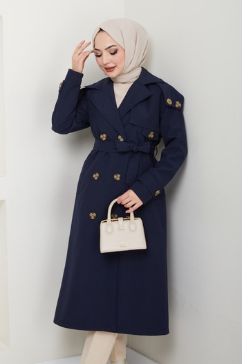 InStyle Lined Navy Blue Trench Coat with Epaulettes on the Shoulders