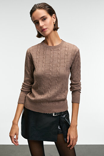 GRIMELANGE Querida Women's Round Neck Hair Braided Regular Fit Knitwear Brown Sweater