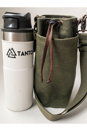 Tantobushcraft Kanvas Termos-matara Taşıma Kılıfı L – 0.6l Uyumlu, Mumlu Kumaş, Ayarlanabilir Askılı, Haki Tanto