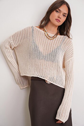 Mixray 6864 Women's Openwork Mesh Seasonal Sweater White