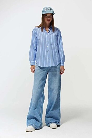 Mixray 4367 Γυναικείο ριγέ πουκάμισο oversize μπλε