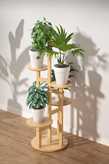 Digithome Bambu Yuvarlak Form 5 Raflı Saksılık Saksı Standı Çiçeklik Organizer DB-0036