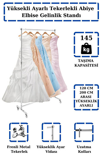 Manken İstanbul Metal Tekerlekli Gelinlik ve Abiye Standı – Modern Tasarım ve Yükseklik Ayarıyla