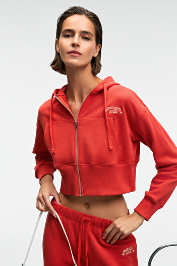 GRIMELANGE Elara women's metal zippered embroidered hooded crop red sweatshirt