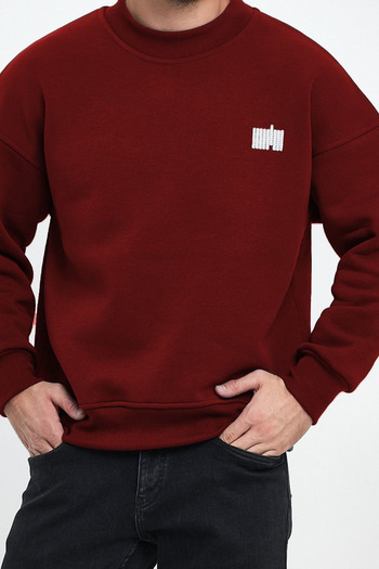 COMBİNE MİCHAİL Erkek Boğazlı Nakışlı Oversize Sweatshirt  BORDO