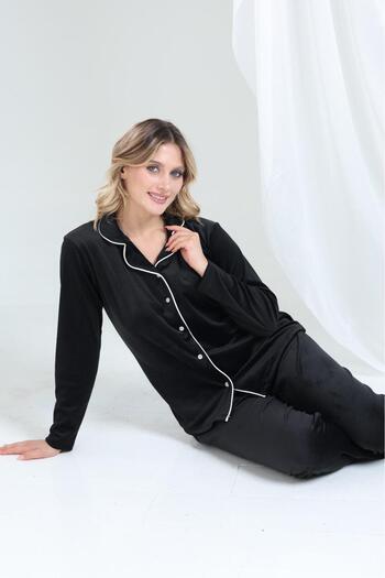 MEBA Black Front Buttoned Velvet Winter Women's Pajama Set