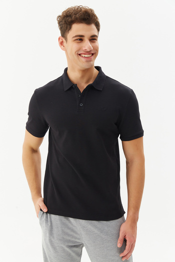 bilcee Men's Black Lycra Cotton Sports and Casual Basic Buttoned Polo Neck T-Shirt 8982