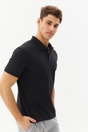 bilcee Men's Black Lycra Cotton Sports and Casual Basic Buttoned Polo Neck T-Shirt 8982