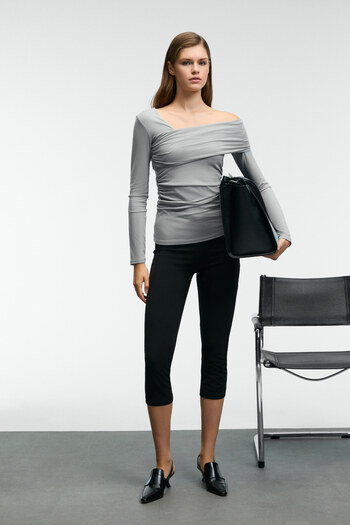 GRIMELANGE Velmea Women's Asymmetrical Collar Shoulder Detail Slim Fit Light Gray Blouse