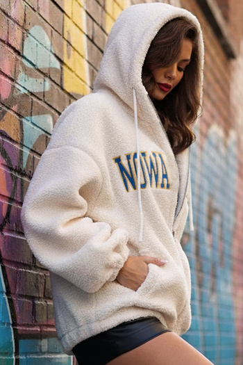 FASHION COCKTAIL Women's Embossed Lettering - Loose Hoodie, Loose Loose Fit Plush Mohair Pocket Zip-Up Thick Coat