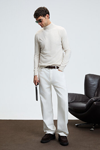 GRIMELANGE Rebel Men's Half Turtleneck Basic Regular Fit Knitwear Beige Sweater