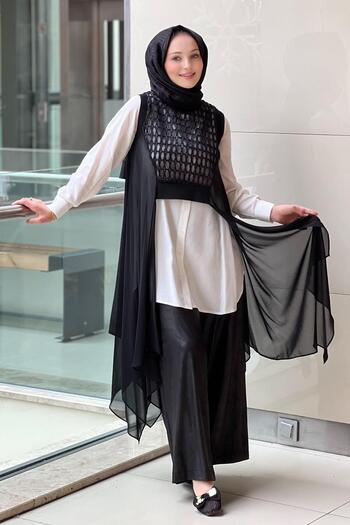 Nurcan Çetin File Detailed Cape Shirt Pants Set