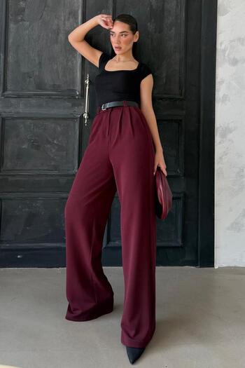 Madmext Burgundy Double Pleated Belted Trousers Mg2330