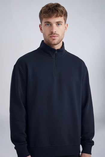 bilcee Peak Men's Navy Blue Oversize Zippered Collar Sweatshirt 7021