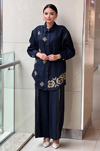 Ghisa Varak Bead Embroidered Linen Shirt Trousers Set