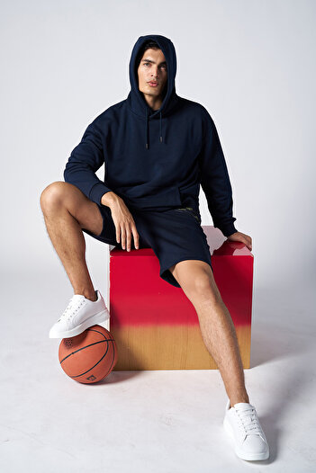 bilcee Peak Men's Navy Blue Cotton Kangaroo Pocket Hooded Sweatshirt 7017