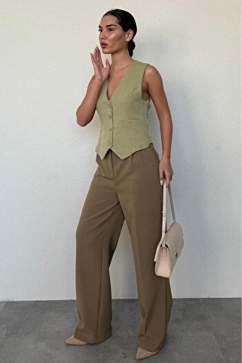 Madmext Khaki High Waist Women Palazzo Pants Mg2506