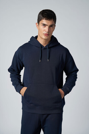 bilcee Peak Men's Navy Blue Cotton Kangaroo Pocket Hooded Sweatshirt 7017