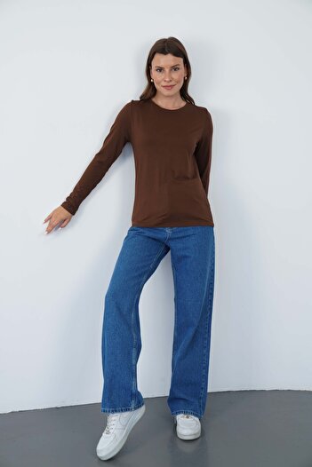 penyebizden Γυναικείο T-shirt με λαιμόκοψη Viscose Lycra μακρυμάνικο-καφέ
