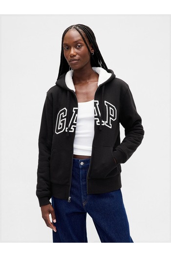 GAP Kadın Siyah Relaxed Logo Sherpa-Astarlı Fermuarlı Sweatshirt