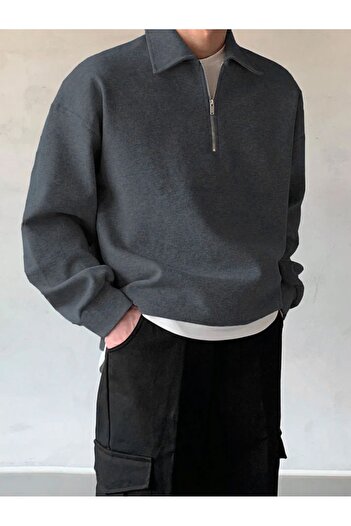 COMBİNE MİCHAİL Erkek Polo Yaka Yarım Fermuarlı Sweatshirt FÜME