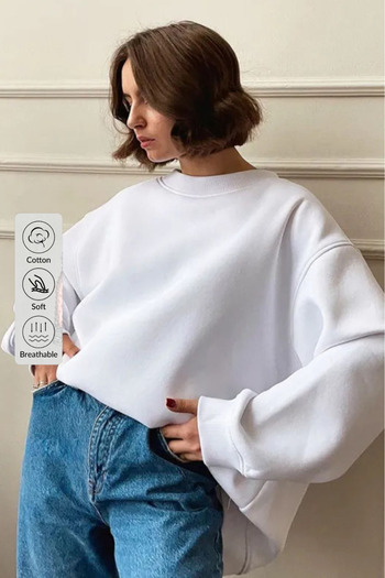 COMBİNE MİCHAİL Ecru Women's Sweatshirt - Crew Neck, Raised, Winter Soft Loose Fit