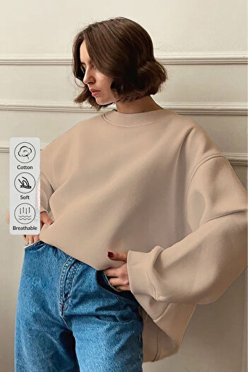 COMBİNE MİCHAİL Winter Soft Loose Sweatshirt - Crew Neck, Raised Interior Design, Stone Color